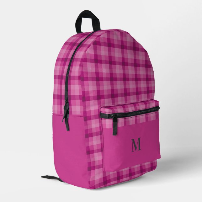 Dark Pink Plaid Checks Personalized Monogram Printed Backpack (Back Corner Left)