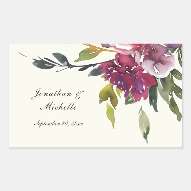 Dark Pink Purple Floral Watercolor Wedding Rectangular Sticker (Front)