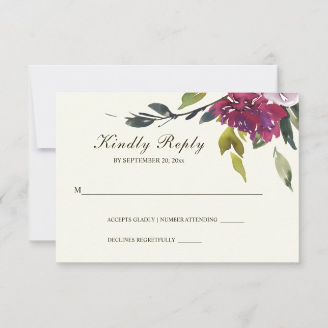 Dark Pink Purple Floral Watercolor Wedding RSVP Card (Front)