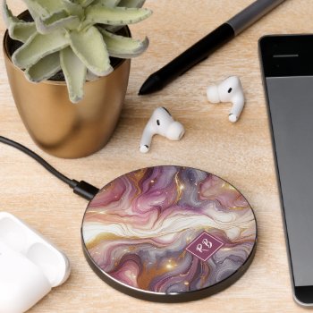 Dark Pink Purple Gold White Marble Art Pattern Wireless Charger by CaseConceptCreations at Zazzle
