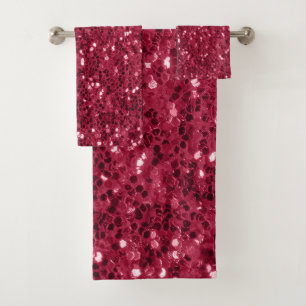 Dark pink red magenta faux sparkles glitters bath towel set
