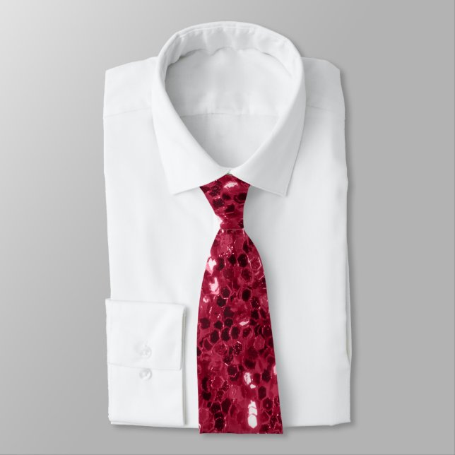 Dark pink red magenta faux sparkles glitters neck tie (Tied)