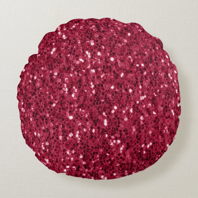Dark pink red magenta faux sparkles glitters round pillow (Front)