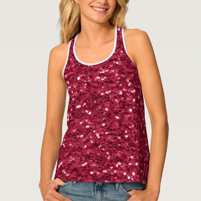 Dark pink red magenta faux sparkles glitters tank top (Front)