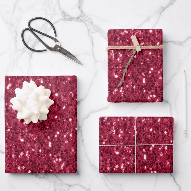 Dark pink red magenta faux sparkles glitters wrapping paper sheets (Front)