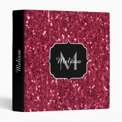 Dark pink red magenta faux sparkles Monogram 3 Ring Binder