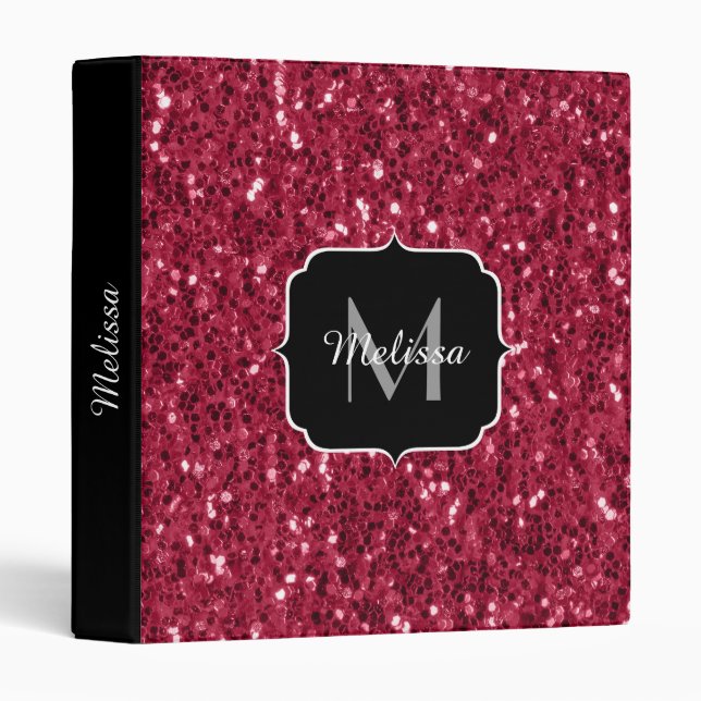 Dark pink red magenta faux sparkles Monogram 3 Ring Binder (Front/Spine)