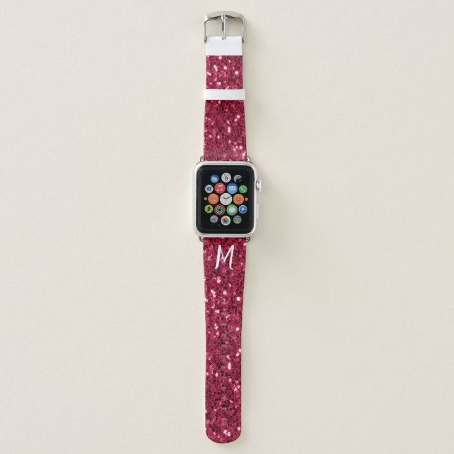Dark pink red magenta faux sparkles Monogram Apple Watch Band (Front)