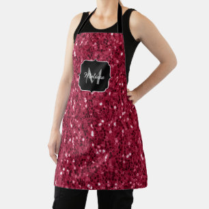 Dark pink red magenta faux sparkles Monogram Apron