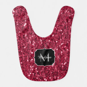 Dark pink red magenta faux sparkles Monogram Baby Bib