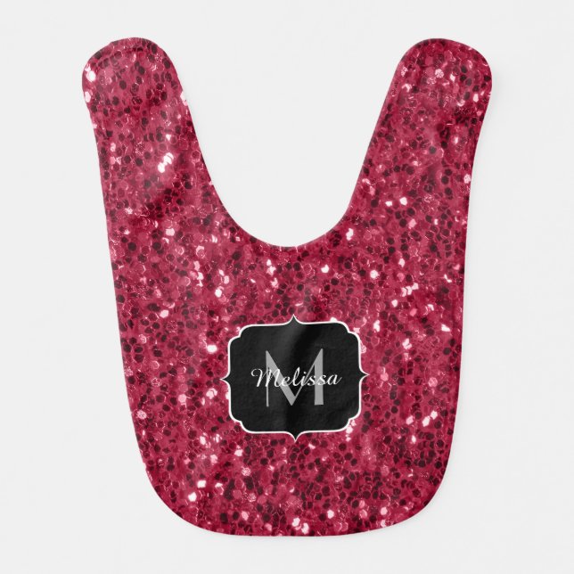 Dark pink red magenta faux sparkles Monogram Baby Bib (Front)