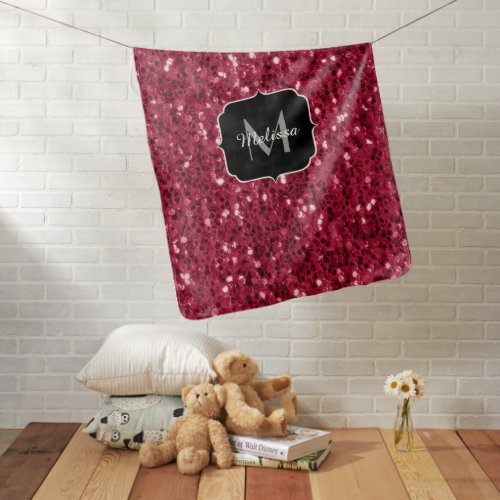 Dark pink red magenta faux sparkles Monogram Baby Blanket