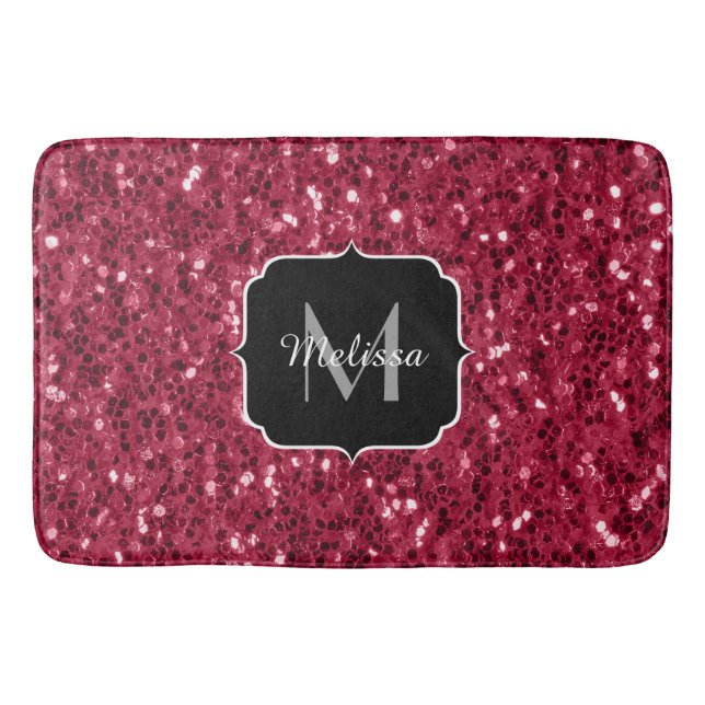 Dark pink red magenta faux sparkles Monogram Bath Mat (Front)