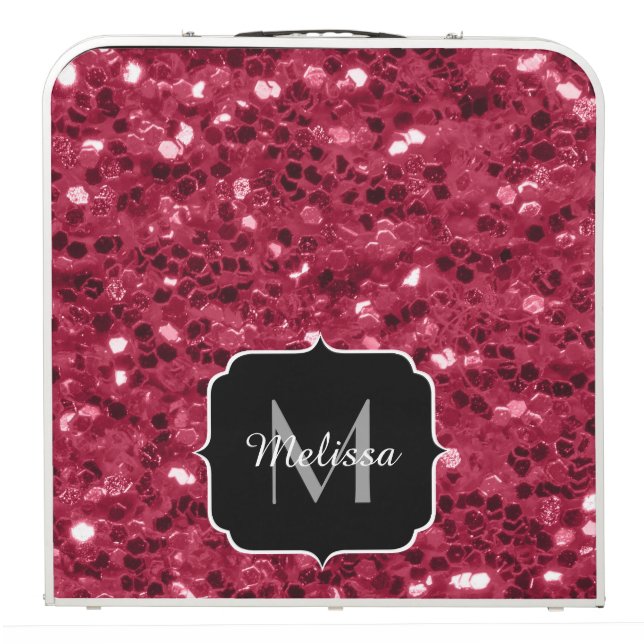 Dark pink red magenta faux sparkles Monogram Beer Pong Table (Folded)