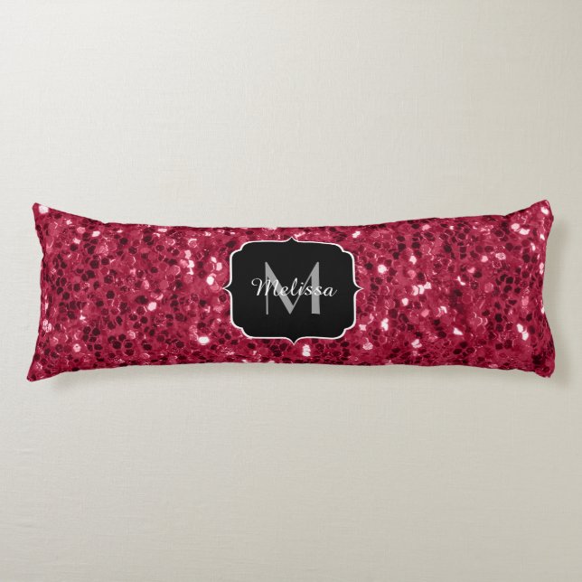 Dark pink red magenta faux sparkles Monogram Body Pillow (Front)