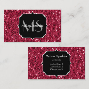 Dark pink red magenta faux sparkles Monogram Business Card