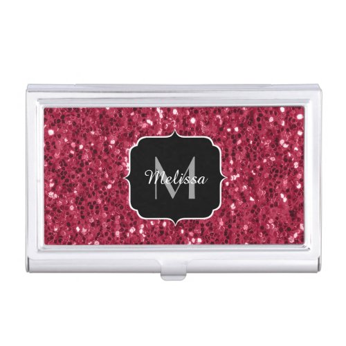 Dark pink red magenta faux sparkles Monogram Business Card Case