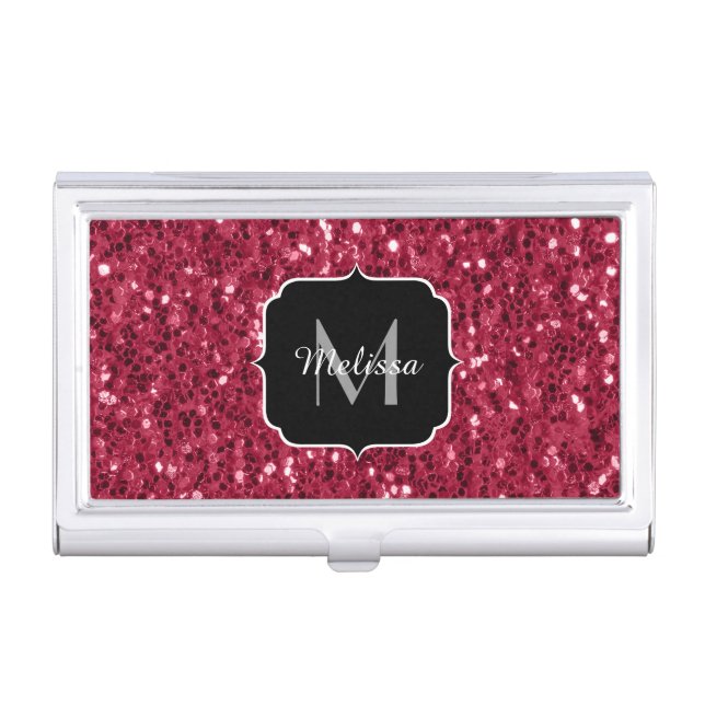 Dark pink red magenta faux sparkles Monogram Business Card Case (Front)