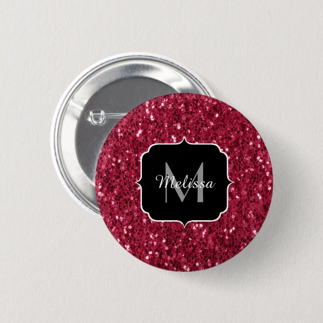 Dark pink red magenta faux sparkles Monogram Button (Front & Back)
