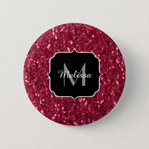 Dark pink red magenta faux sparkles Monogram Button