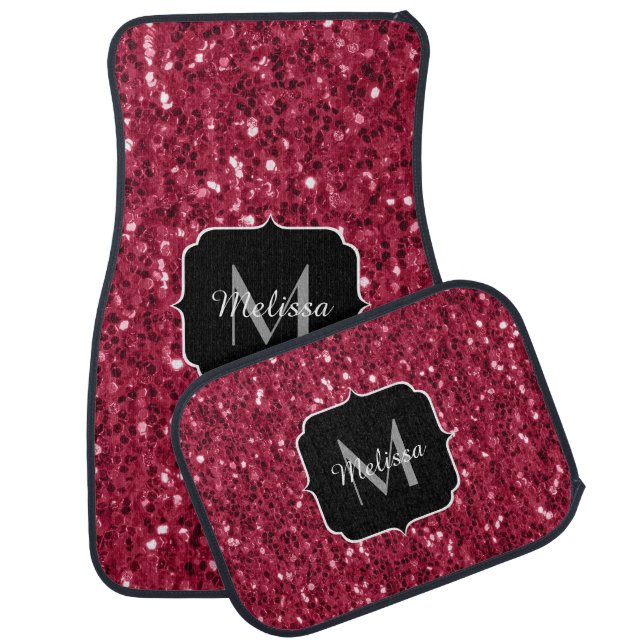 Dark pink red magenta faux sparkles Monogram Car Floor Mat (Set)