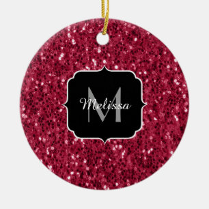 Dark pink red magenta faux sparkles Monogram Ceramic Ornament