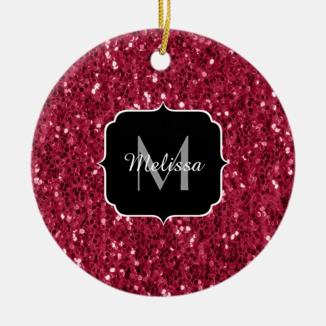 Dark pink red magenta faux sparkles Monogram Ceramic Ornament (Front)