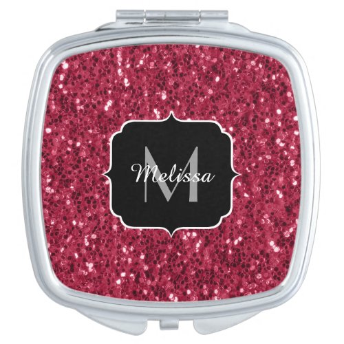 Dark pink red magenta faux sparkles Monogram Compact Mirror