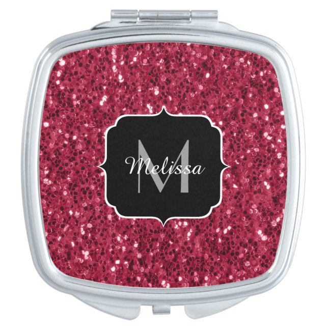 Dark pink red magenta faux sparkles Monogram Compact Mirror (Front)