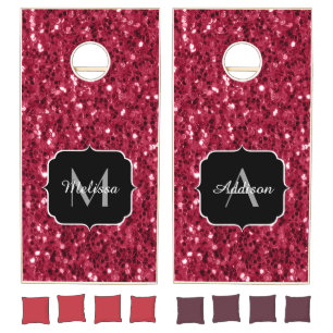 Dark pink red magenta faux sparkles Monogram Cornhole Set