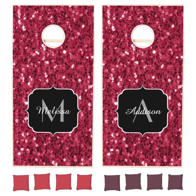 Dark pink red magenta faux sparkles Monogram Cornhole Set (Set)