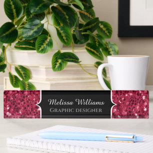 Dark pink red magenta faux sparkles Monogram Desk Name Plate