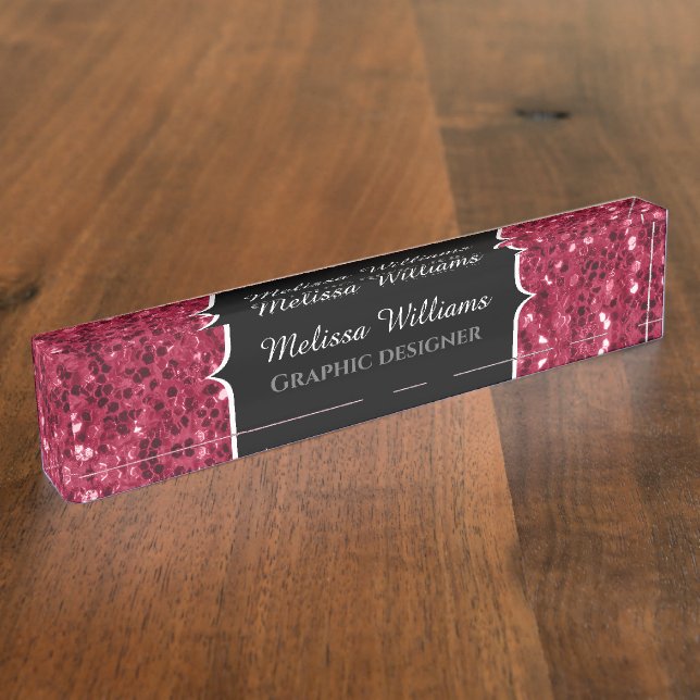 Dark pink red magenta faux sparkles Monogram Desk Name Plate (Side)