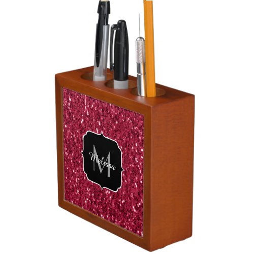 Dark pink red magenta faux sparkles Monogram Desk Organizer