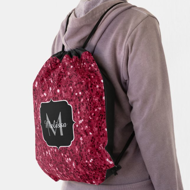 Dark pink red magenta faux sparkles Monogram Drawstring Bag (Insitu)