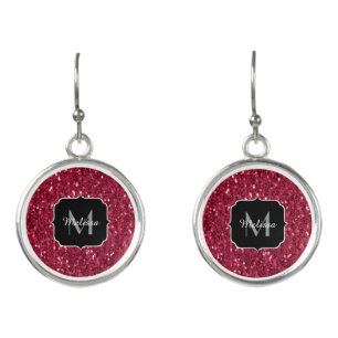 Dark pink red magenta faux sparkles Monogram Earrings