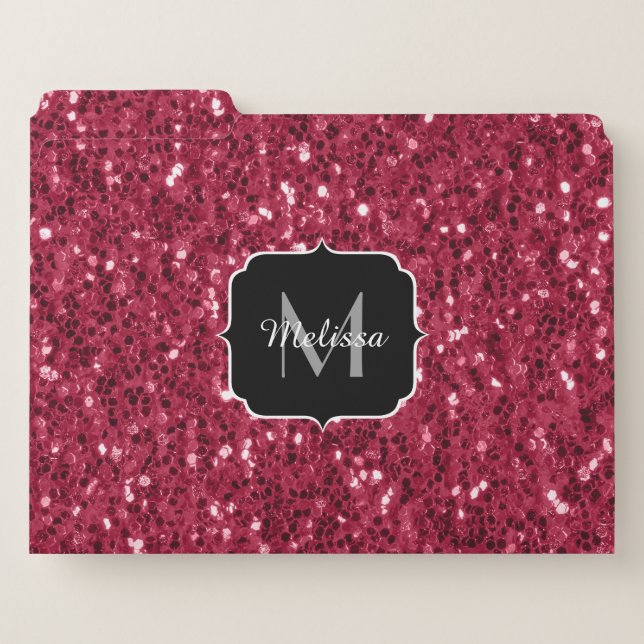 Dark pink red magenta faux sparkles Monogram File Folder (Front Left)