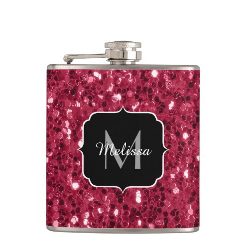 Dark pink red magenta faux sparkles Monogram Flask