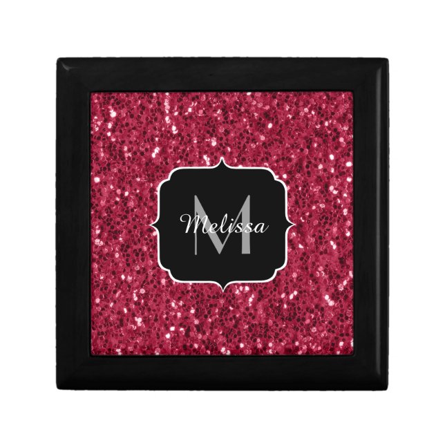 Dark pink red magenta faux sparkles Monogram Gift Box (Front)