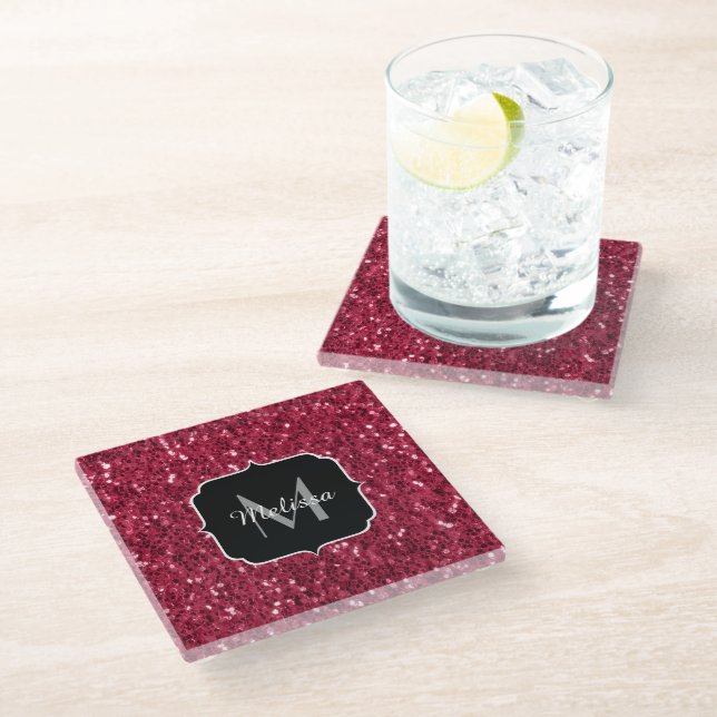 Dark pink red magenta faux sparkles Monogram Glass Coaster (Angled)