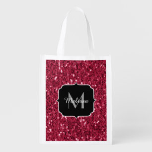 Dark pink red magenta faux sparkles Monogram Grocery Bag