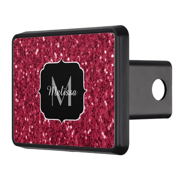 Dark pink red magenta faux sparkles Monogram Hitch Cover (Left)