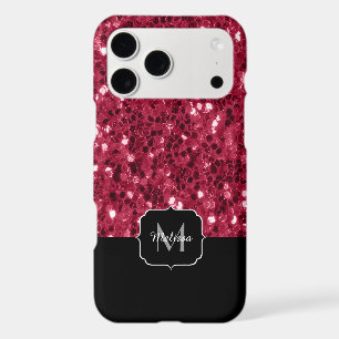 Dark pink red magenta faux sparkles Monogram iPhone 17 Pro Max Case