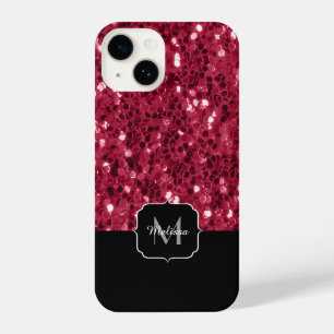 Dark pink red magenta faux sparkles Monogram iPhone 14 Case