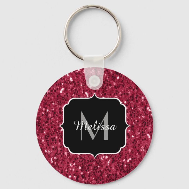 Dark pink red magenta faux sparkles Monogram Keychain (Front)