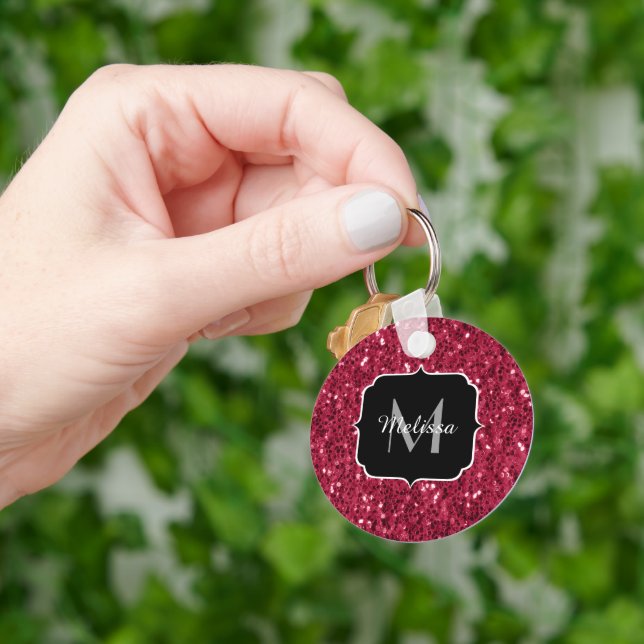 Dark pink red magenta faux sparkles Monogram Keychain (Hand)