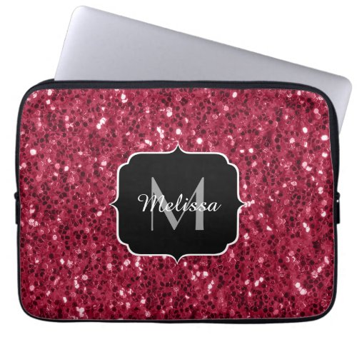 Dark pink red magenta faux sparkles Monogram Laptop Sleeve