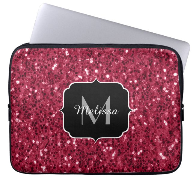 Dark pink red magenta faux sparkles Monogram Laptop Sleeve (Front)