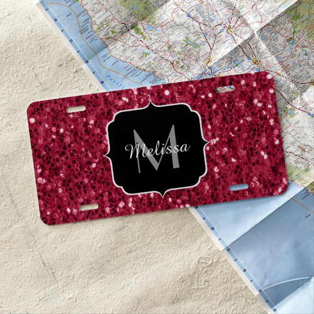 Dark pink red magenta faux sparkles Monogram License Plate (In Situ)