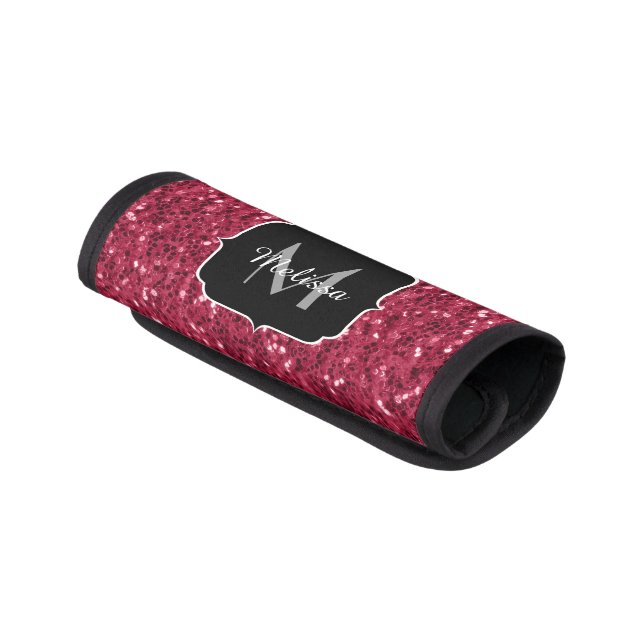 Dark pink red magenta faux sparkles Monogram Luggage Handle Wrap (Angled)
